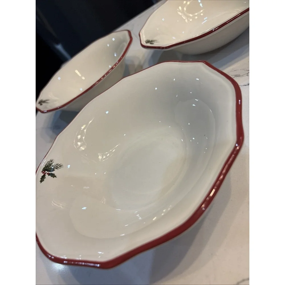 3- BETTER HOMES GARDENS RED HOLIDAY POINSETTIA CEREAl BOWL PORCELAIN 7.5